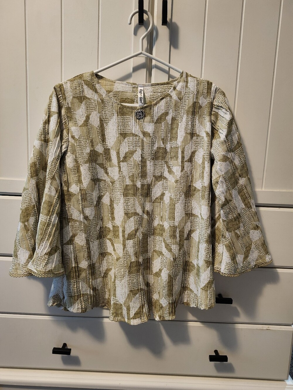 Lined Olive & White Textured Pattern Round-Neck Tunic Sz S